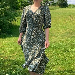 Green Flowy wrap Dress with Blue flowers women’s